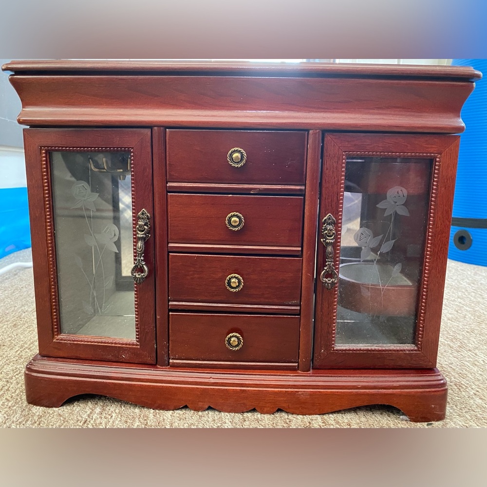 Elegant Wooden Jewelry Box with Glass Doors
